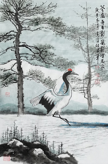 高健林作品12《风前理毛衣》  尺寸：68X45cm  庚子冬月